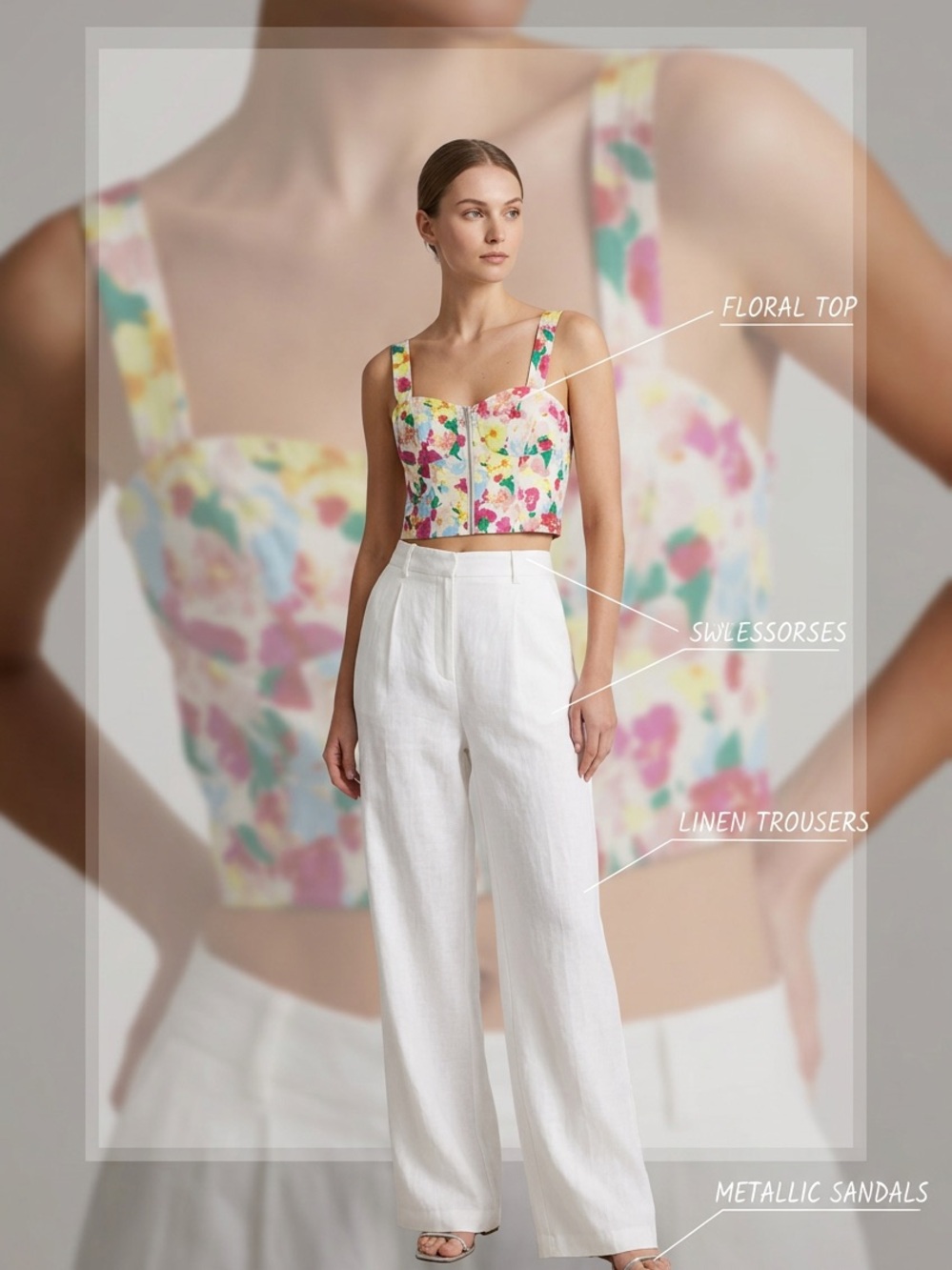 Juicy Couture Floral Bustier Crop Top in White, Pink & Yellow